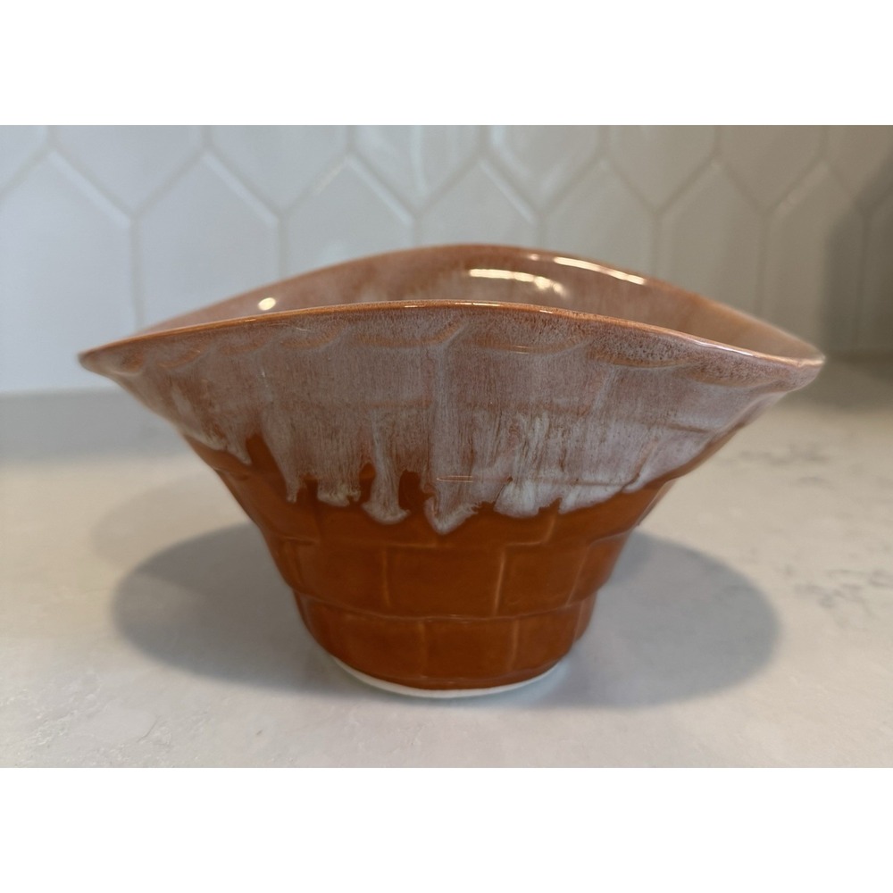 Vintage California Pottery Brown Drip Glaze Woven Basket Planter FC 29 MCM USA